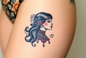 Art deco woman with elaborate filigree, BDSM collar, thigh tattoo. tattoo idea