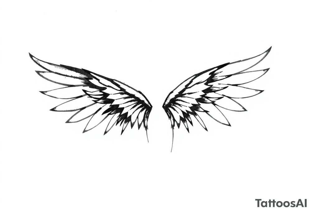 the wings go up

This tattoo design features a pair symmetrical angel wings drawn in black ink with a rough, sketch-like style. The left wing is darker, more defined, and appears denser, while the right wing is lighter, more delicate, and fragmented, creating a contrast between the two. The feathers are sharp and irregular, with fine lines and stray strokes extending outward, adding a raw and artistic feel. The overall look is dynamic and slightly chaotic, giving the impression of movement or an unfinished, ethereal form. This design symbolizes duality, freedom, transformation, or even struggle, making it a meaningful and visually striking tattoo. tattoo idea