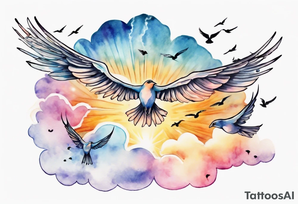 a shoulder tattoo with lots of rays of light in gradient starting from the middle
, clouds and birds flying free tattoo idea