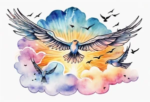 a shoulder tattoo with lots of rays of light in gradient starting from the middle
, clouds and birds flying free tattoo idea