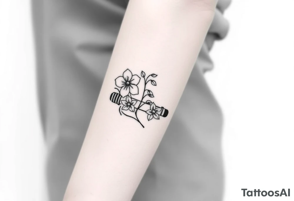 Star Wars Lightsaber handle with a daisy, morning glory, and lily of the valley in it tattoo idea