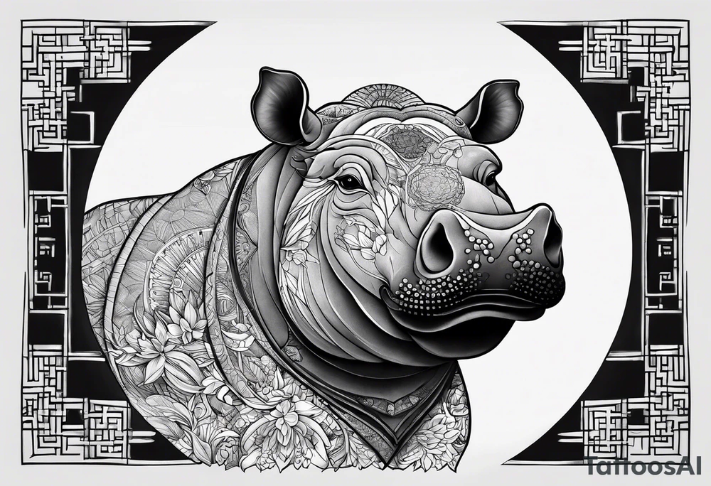 Very asymmetrical, +geometric pattern, with realistic full moon, with seeious looking hippo, +zen feel, + Buddhism touch,
with wintersweet flower bud, +portrait orientation, +inkart touch, tattoo idea