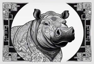 Very asymmetrical, +geometric pattern, with realistic full moon, with seeious looking hippo, +zen feel, + Buddhism touch,
with wintersweet flower bud, +portrait orientation, +inkart touch, tattoo idea