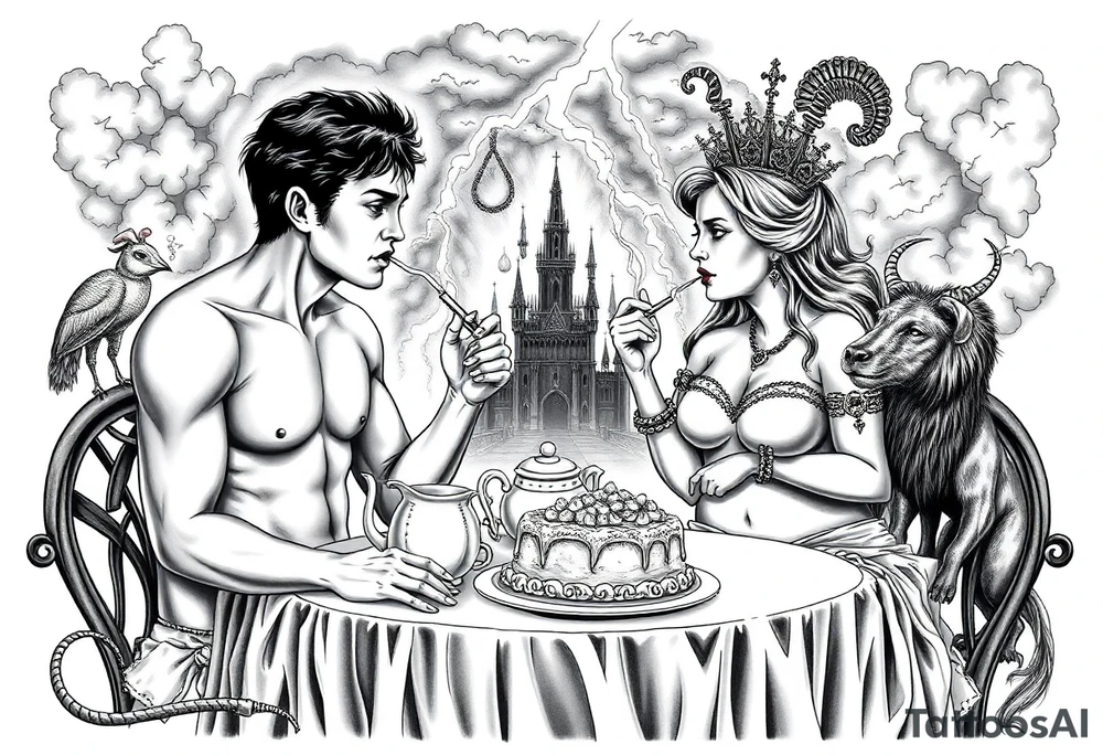 Mystical Naked Man and woman eating cake  having sex Storm lightening clouds gothic sexy naked fat lady having a tea party with tea pot and medieval castle
with a piggy, peacock, noose, lion, goat, smoking cigerettes looking in the mirror thru storm clouds with razor blades and broken hearts and darkness and wrath, envy , gluttony, greed, sloth, pride kill tattoo idea