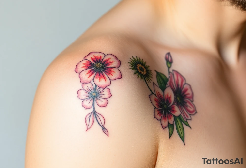 Upper arm and shoulder sleeve
Realistic
Water color
Fine line
Birth flowers for the months of
February 
July
August
October
December
Multi colored tattoo idea