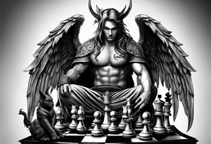 angel checkmate playing devil in chess good and evil side tattoo idea