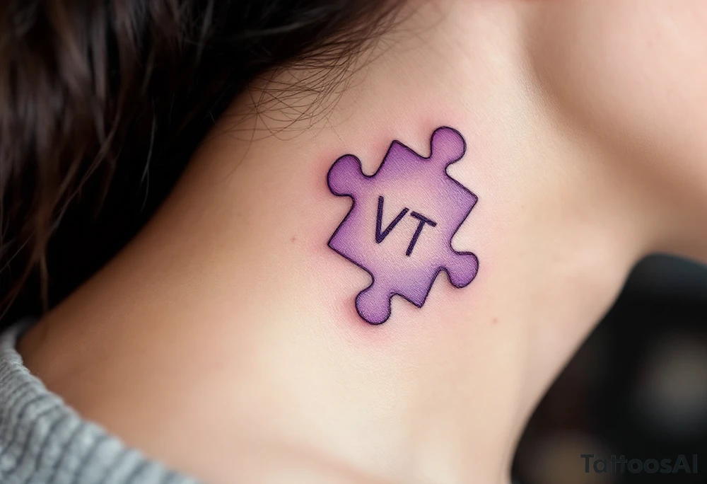 A puzzle piece in pastel purple with the daughter’s initials VT inside, symbolizing how she completes your heart. tattoo idea
