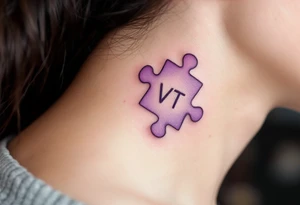 A puzzle piece in pastel purple with the daughter’s initials VT inside, symbolizing how she completes your heart. tattoo idea