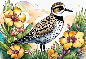 Pacific golden plover with Hawaiian flowers tattoo idea