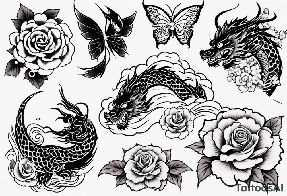 Japanese floral cherry blossom and irezumi back ground filler for traditional Chinese dragon and great waves and rose and butterfly tattoo tattoo idea