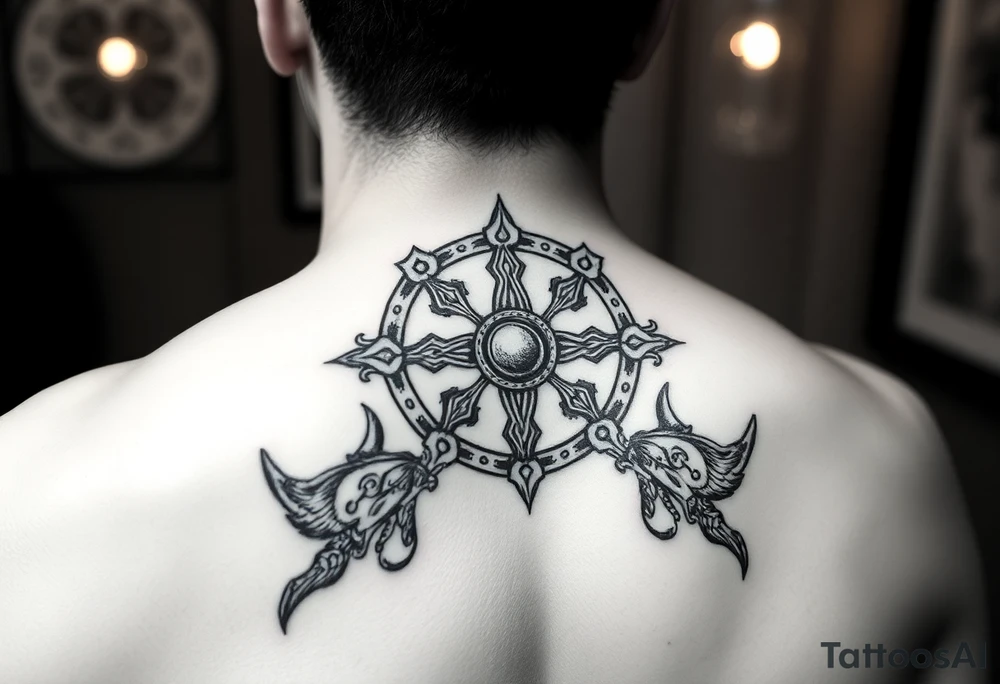 Viking Shield maiden, black work, intricate lines, realistic tattoo idea