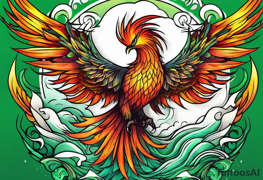 Phoenix Bright colours rising from green flames that destroyed it tattoo idea