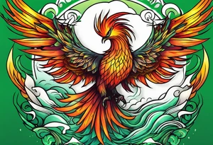 Phoenix Bright colours rising from green flames that destroyed it tattoo idea