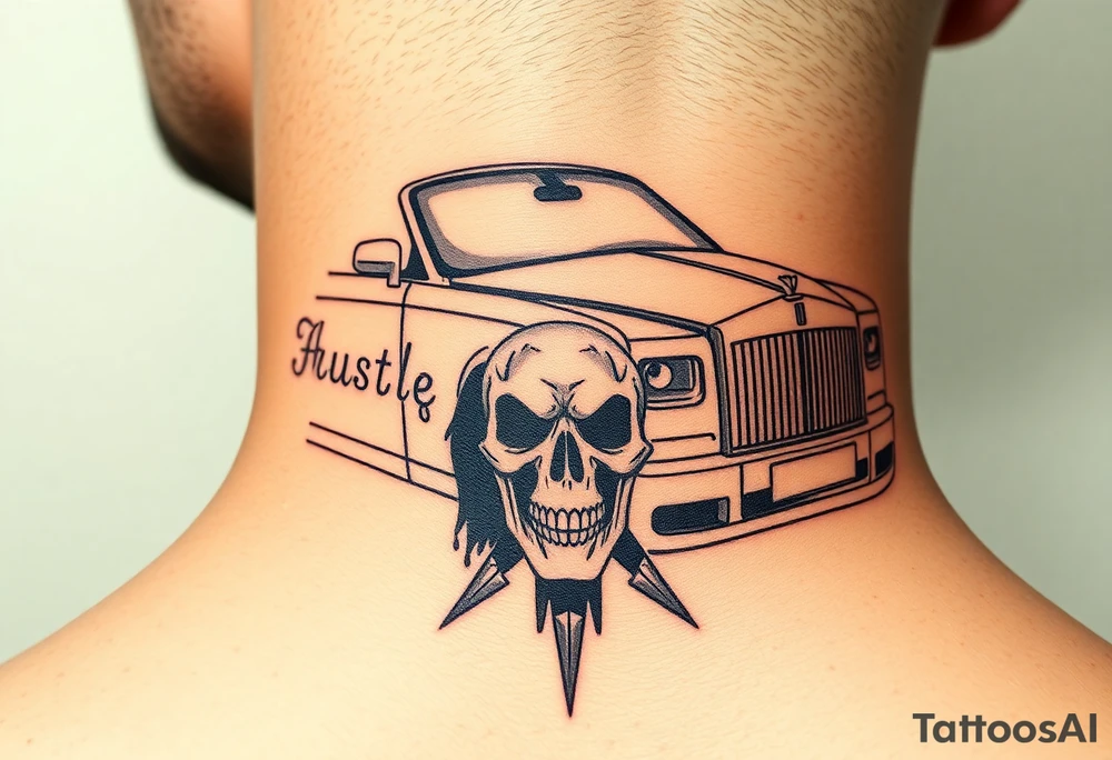 Rolls royce with the word hustler and a skull money girls and drugs tattoo idea