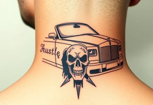 Rolls royce with the word hustler and a skull money girls and drugs tattoo idea