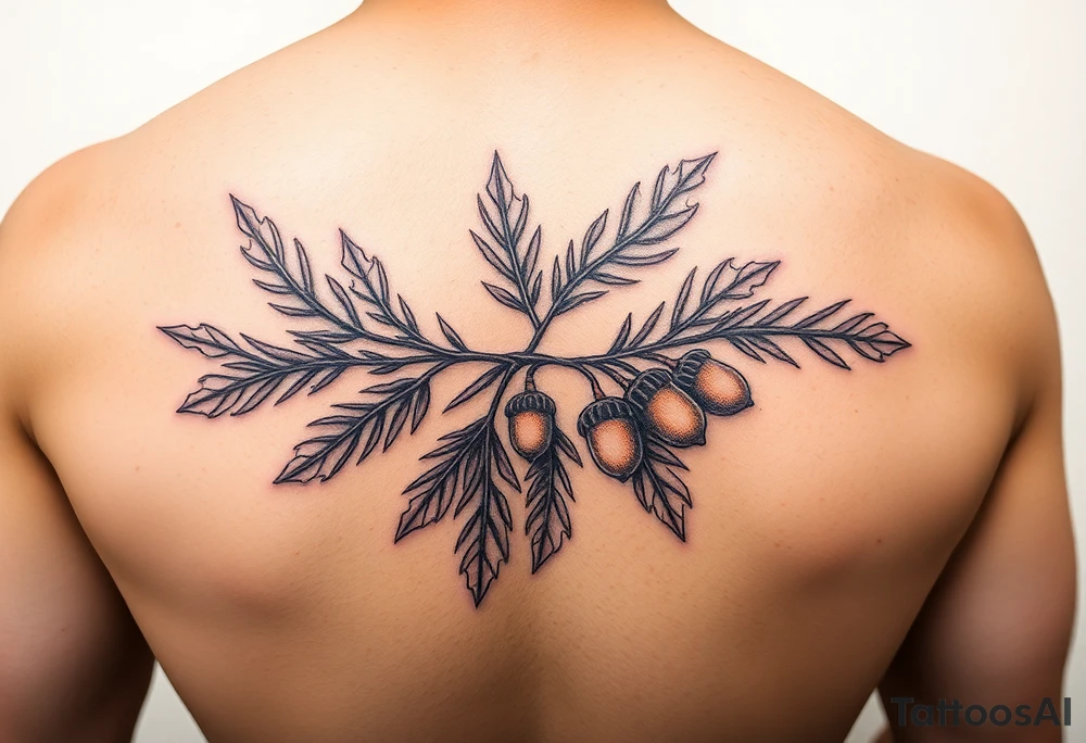 oak branch with thick leaves and acorns tattoo idea
