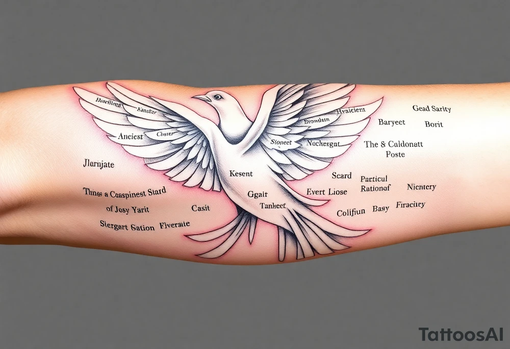 White dove of fire with the names of God and the Characteristics of the Holy Spirit in English tattoo idea
