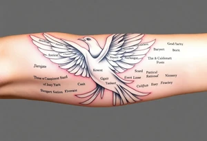 White dove of fire with the names of God and the Characteristics of the Holy Spirit in English tattoo idea
