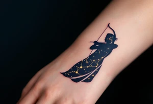 A celestial archer silhouette filled with a golden Sagittarius constellation on a background of deep navy blue. tattoo idea