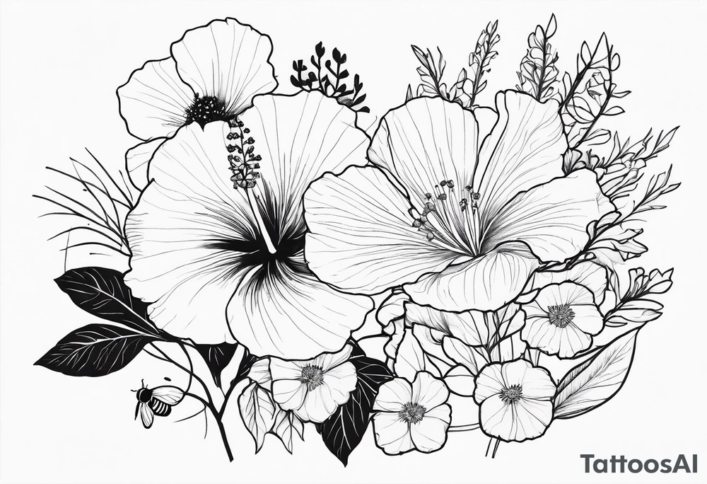 Hibiscus with wildflowers, poppy, complimentary flowers, bees, peony, forearm tattoo idea