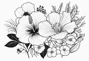 Hibiscus with wildflowers, poppy, complimentary flowers, bees, peony, forearm tattoo idea