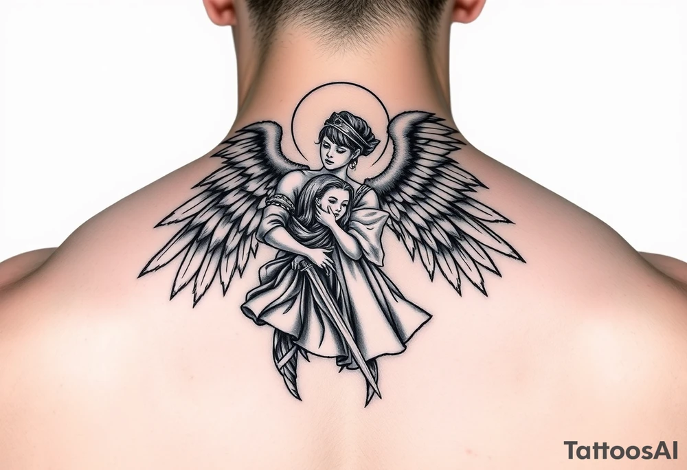 Male Angel watching over daughter in military tattoo idea