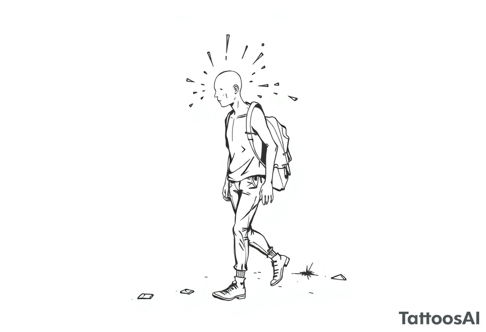 Everything everywhere all at once :Confusion and pressure in thin lines solo traveler with no face with his body parts left on the path behind him he’s walking carefully with much regret and broken parts tattoo idea