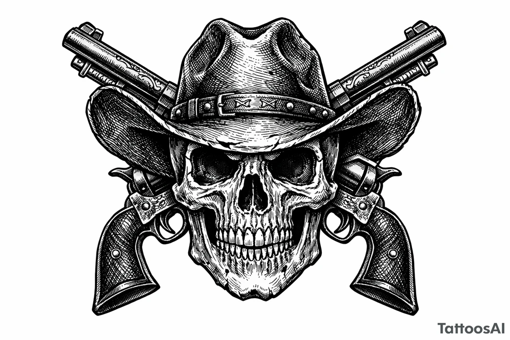 A skull with a cowboy hat, two pistols angled upwards, old-school engraving details. tattoo idea
