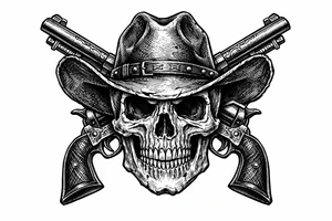 A skull with a cowboy hat, two pistols angled upwards, old-school engraving details. tattoo idea