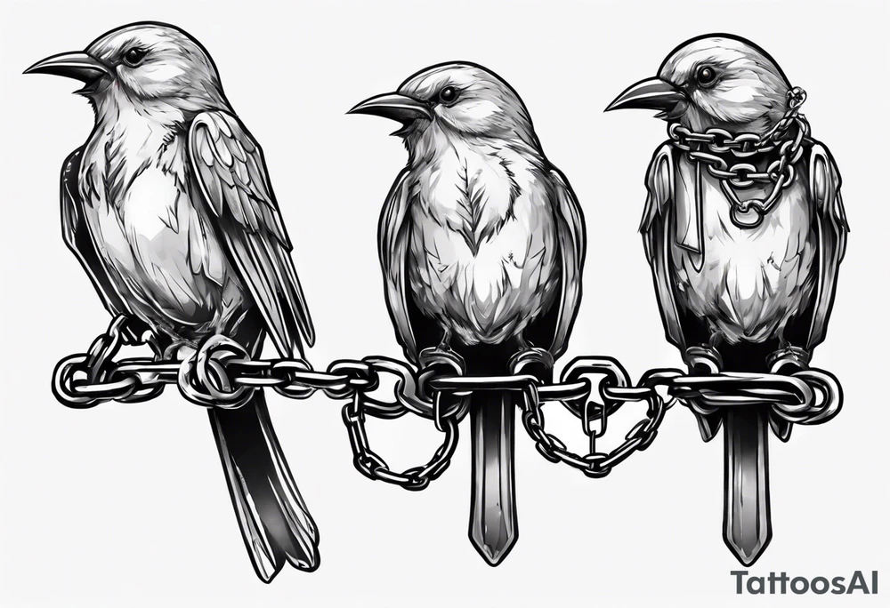A headless songbird with shackle and chain on the leg tattoo idea