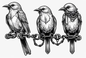 A headless songbird with shackle and chain on the leg tattoo idea