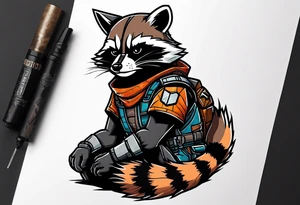 Rocket raccoon sitting with a small black  house cat tattoo idea