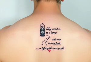 Someone holding a small lantern to light up a road with the text: "Thy word is a lamp unto my feet a light unto my path." The tattoo should be small and feminine tattoo idea