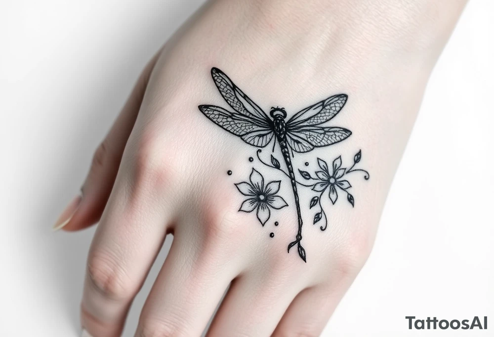 Tattoo  ecrit 'dinna fash'. style celtique linge noir fin avec fleur ecossai et dragonfly. position du tattoo main vers le pouce allonger tattoo idea