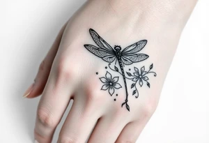 Tattoo  ecrit 'dinna fash'. style celtique linge noir fin avec fleur ecossai et dragonfly. position du tattoo main vers le pouce allonger tattoo idea