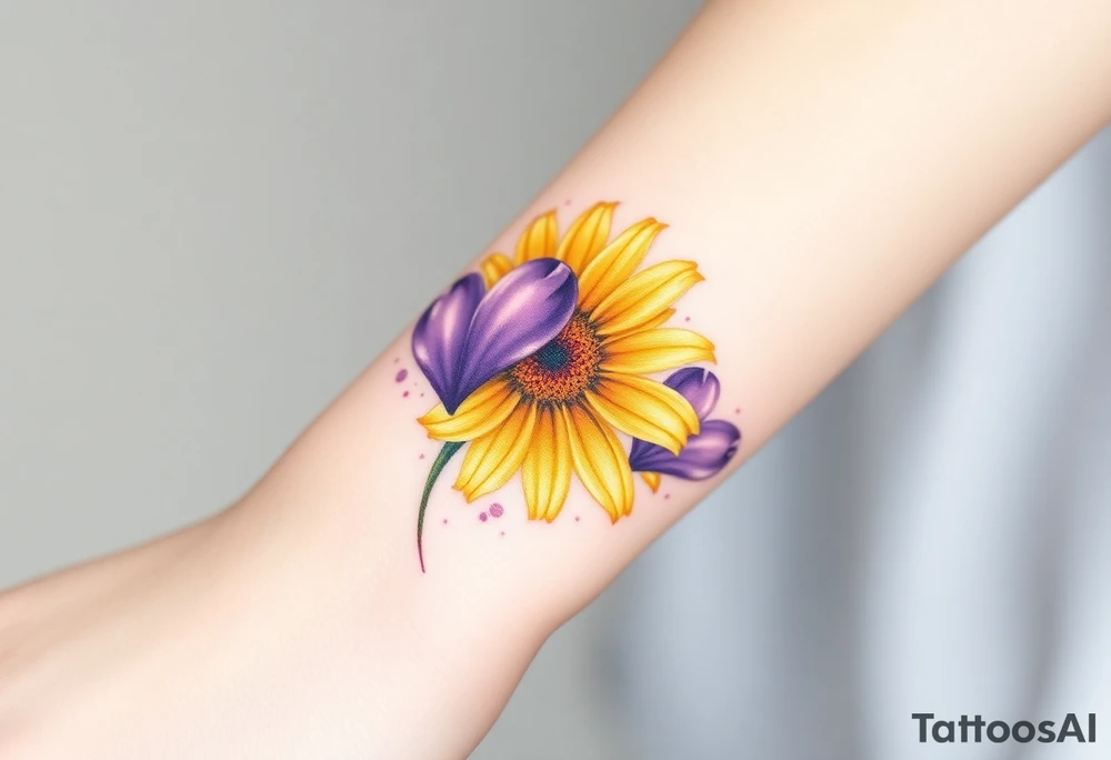 Yellow daisy flower with Purple Hearts tattoo idea