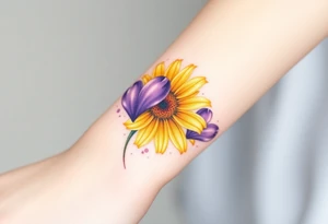 Yellow daisy flower with Purple Hearts tattoo idea