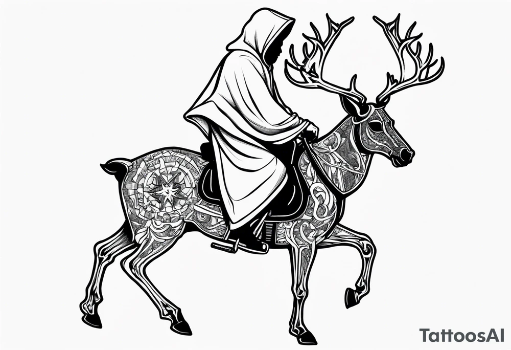 Hooded figure riding on a reindeer skeleton tattoo idea