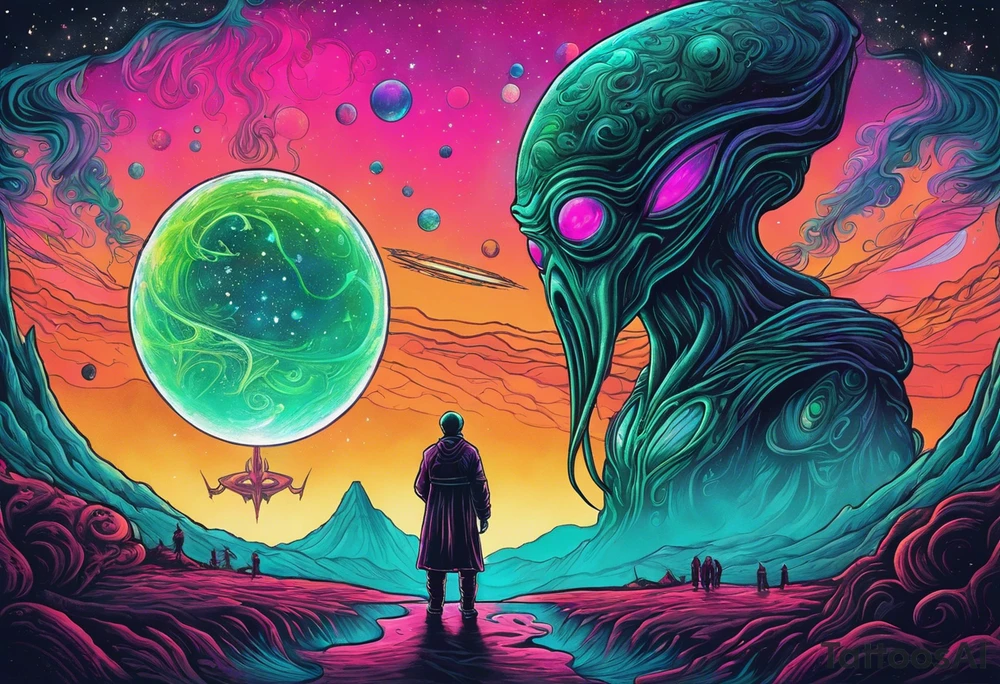 Full Back, synthwave, colossal Alien entities and space stuff, small human on The foreground in awe of The sheer scale of The infinite universe, More absurdist Aliens, Cthulhu-esque Alien pope tattoo idea