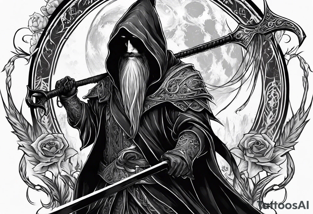 necromancer guy with Scythe and white eyes tattoo idea