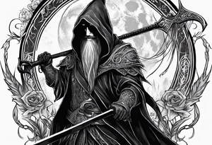 necromancer guy with Scythe and white eyes tattoo idea