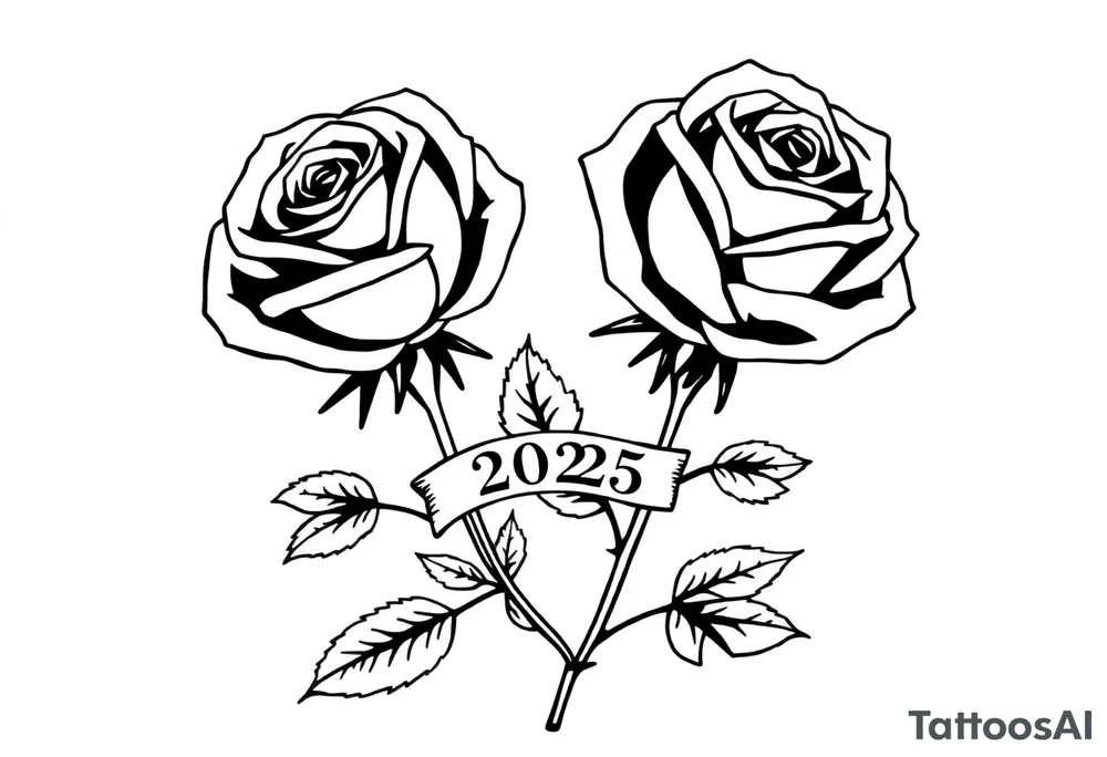 two beautiful large rose buds, one larger than the other, with many leaves next to the rose buds, with one sitting higher than the other. Include a banner connecting the two roses with the year 2025 on it.   Use dark outlines with little shading. The two stems should be short, not long, and connect and join into one stem, whimsically curved or twisted - not straight down. tattoo idea