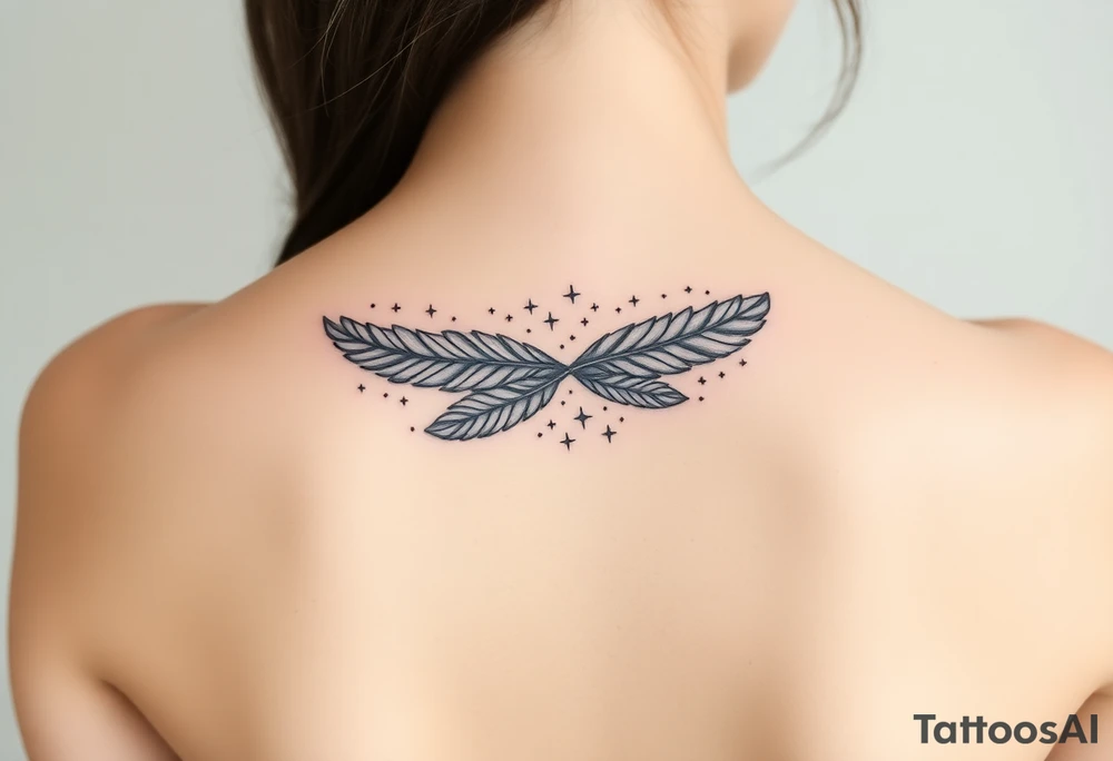 infinity symbol woven with floating feathers and stardust tattoo idea