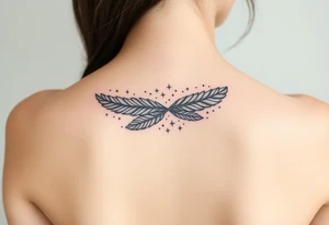 infinity symbol woven with floating feathers and stardust tattoo idea