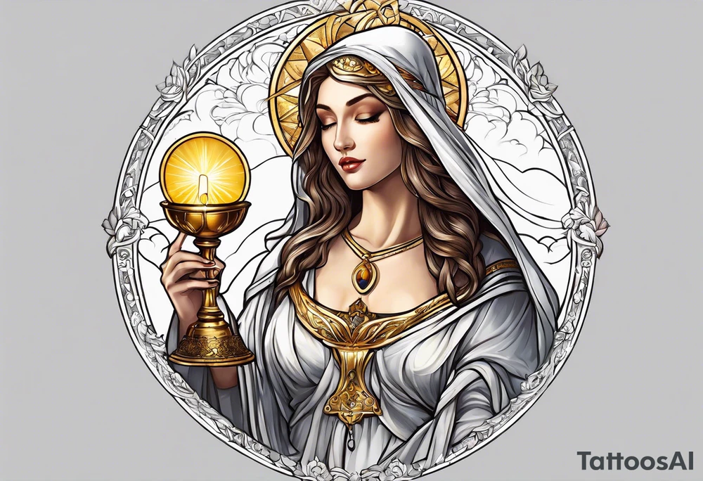 woman saint holding chalice surrounded by golden halo tattoo idea