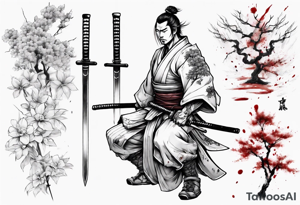 A samurai standing with his back among swords, he has a hole in his back and where the blood came from he saw sakura leaves tattoo idea