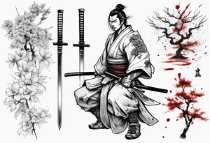 A samurai standing with his back among swords, he has a hole in his back and where the blood came from he saw sakura leaves tattoo idea