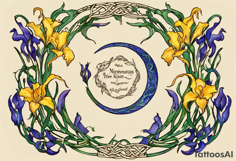 Create a small, delicate colorful Vincent van Gogh Irises tattoo in the form of a crescent, with vines or Celtic knots gracefully intertwining at a central point in the middle of the wreath.  In the middle of the wreath are mountains and other items found in New Mexico. Ensure that the design avoids the appearance of a bush and maintains a more structured and deliberate arrangement. The intended placement is on the upper chest. The overall design should be small in size while maintaining a delicate and artistic aesthetic. Pay attention to the graceful flow of the vines and the placement of the irises to achieve a refined and elegant look. tattoo idea