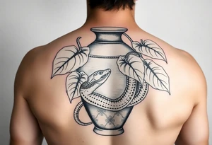 Large Decorative ornamental
 vase with large philodendron leaves with a snake wrapped around showing the head of the snake tattoo idea