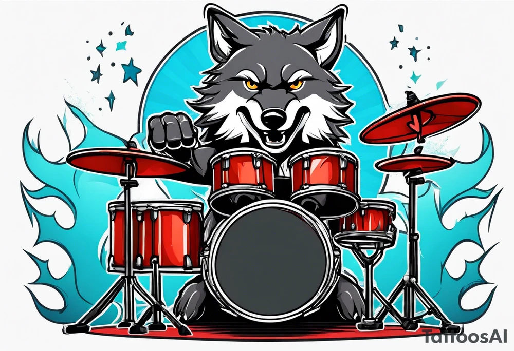 Wolf playing drum set tattoo idea